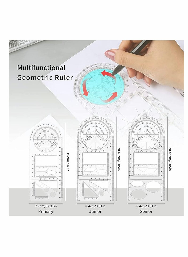 3Pcs Multifunctional Geometric Ruler, Mathematics Drawing Ruler, Geometric Drawing Template Measuring Draft Rulers for Student School Office