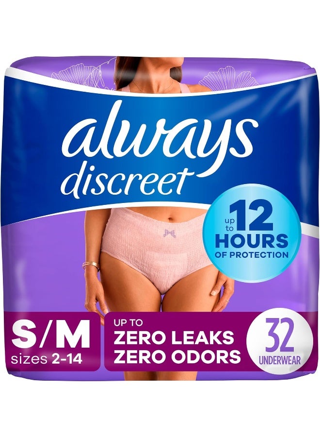 Always Discreet Incontinence & Postpartum Underwear For Women Small/Medium 32 Count Maximum Protection Disposable