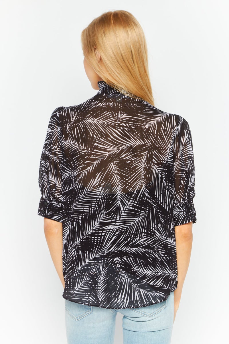 Women Ruffle Neck Long Sleeves Allover Printed Blouse, Black