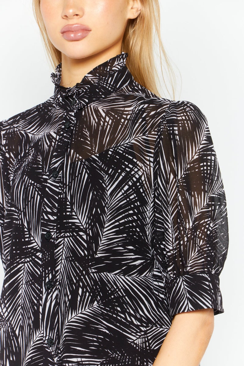 Women Ruffle Neck Long Sleeves Allover Printed Blouse, Black
