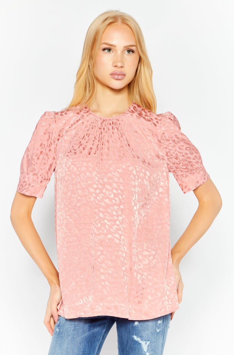 Women Crew Neck Short Sleeve Allover Print Top, Pink