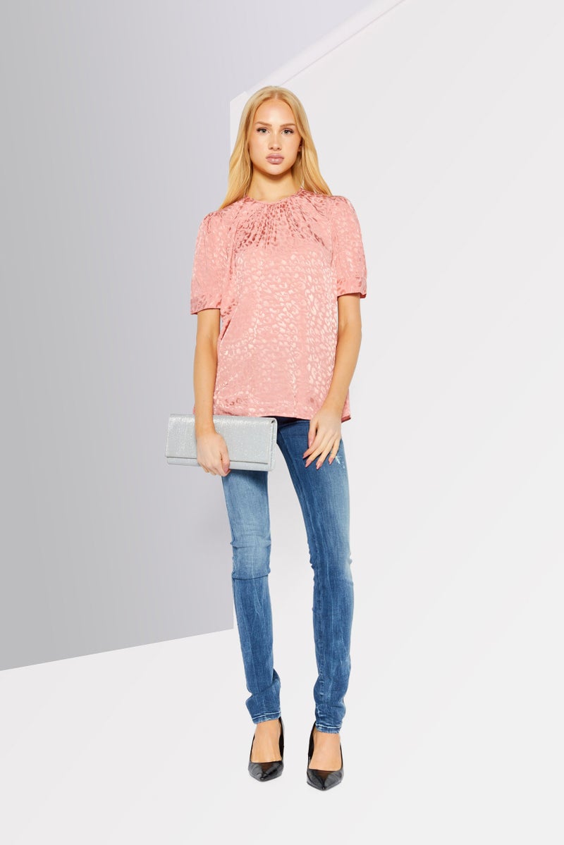 Women Crew Neck Short Sleeve Allover Print Top, Pink