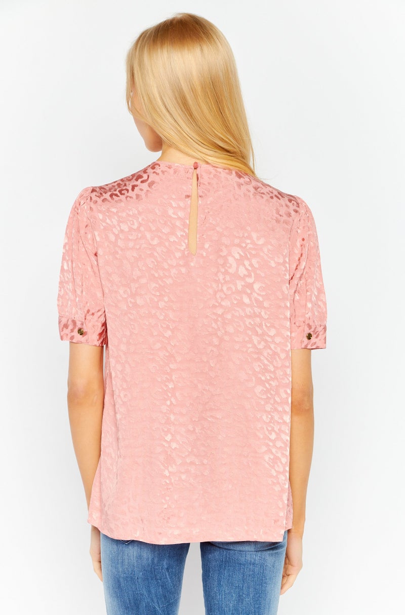 Women Crew Neck Short Sleeve Allover Print Top, Pink