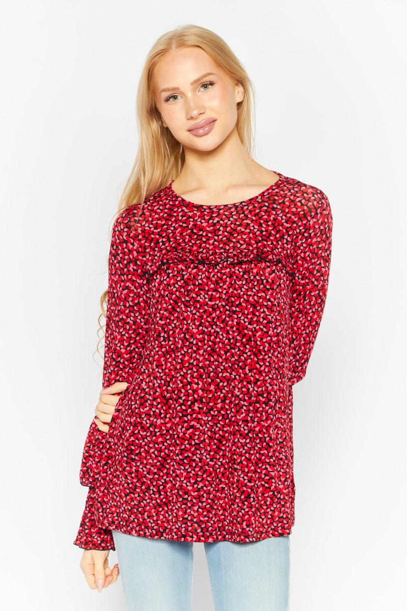 Women Crew Neck Long Sleeves Allover Print Blouse, Red