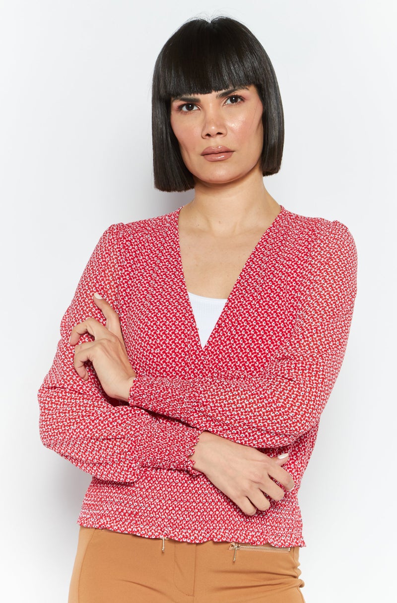 Women V Neck Long Sleeves Floral Print Blouse, Red Combo