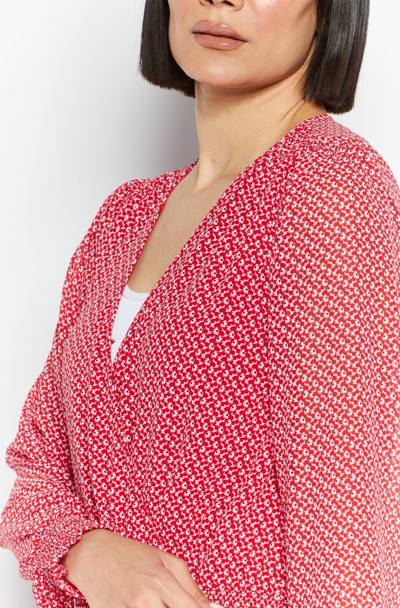 Women V Neck Long Sleeves Floral Print Blouse, Red Combo
