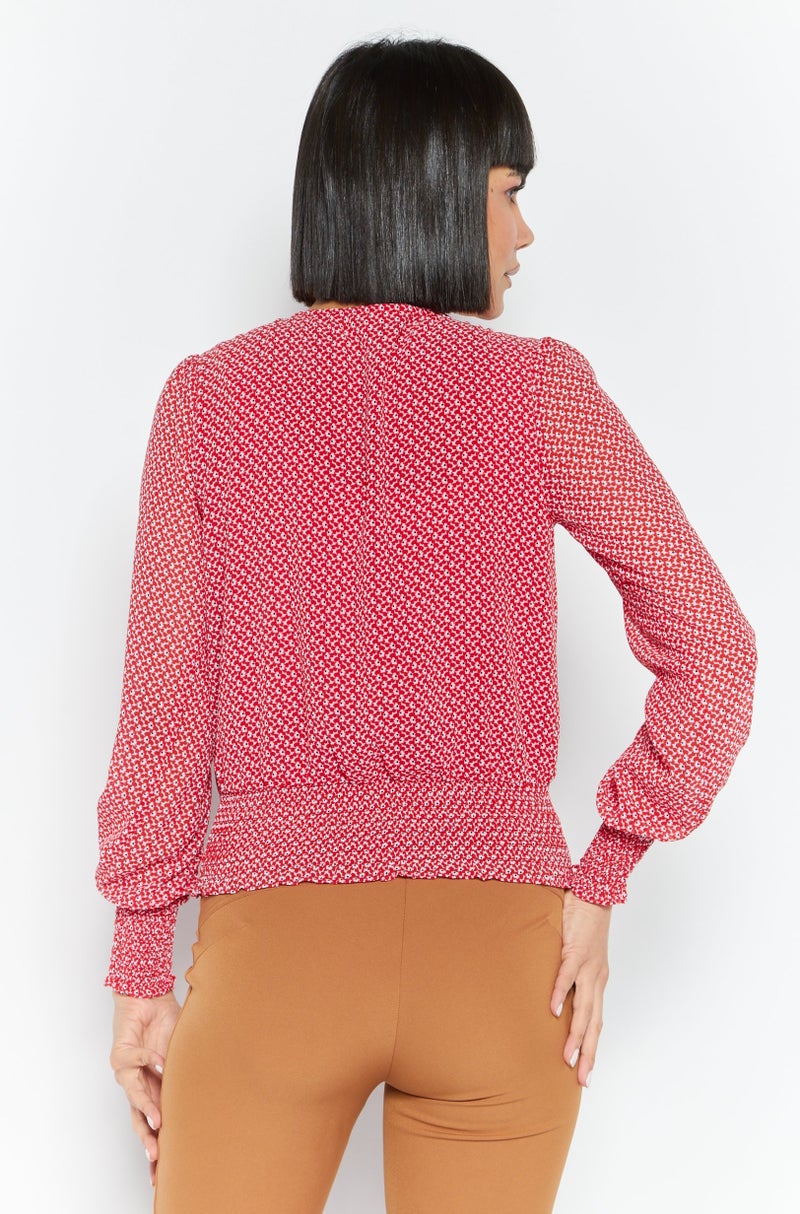 Women V Neck Long Sleeves Floral Print Blouse, Red Combo