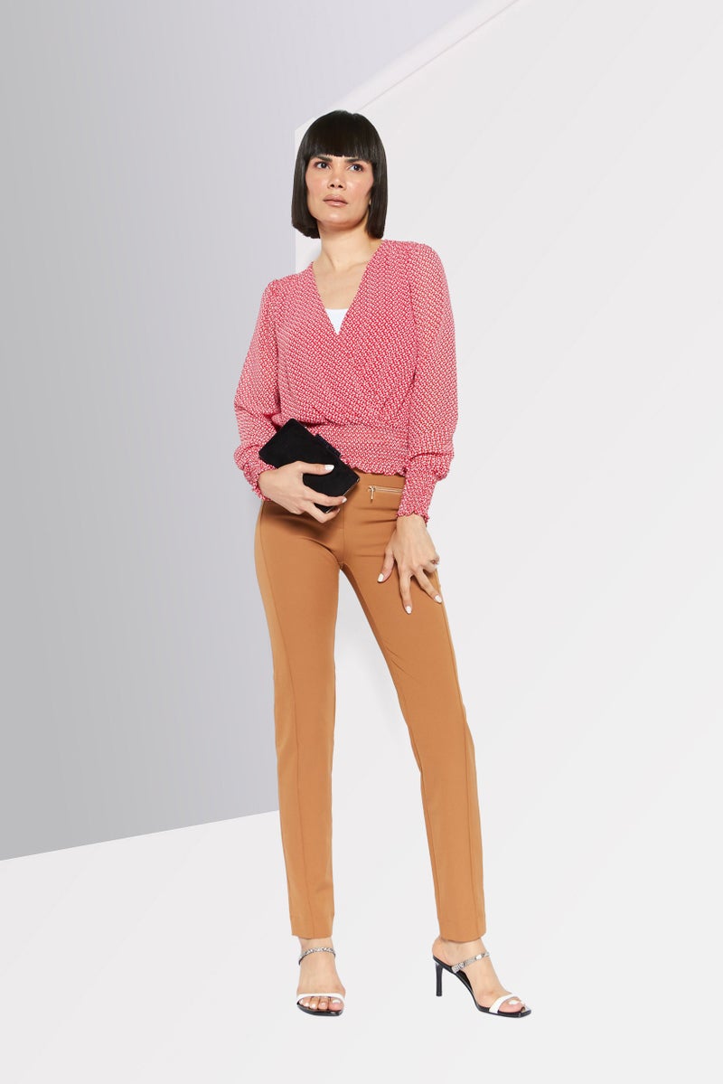 Women V Neck Long Sleeves Floral Print Blouse, Red Combo