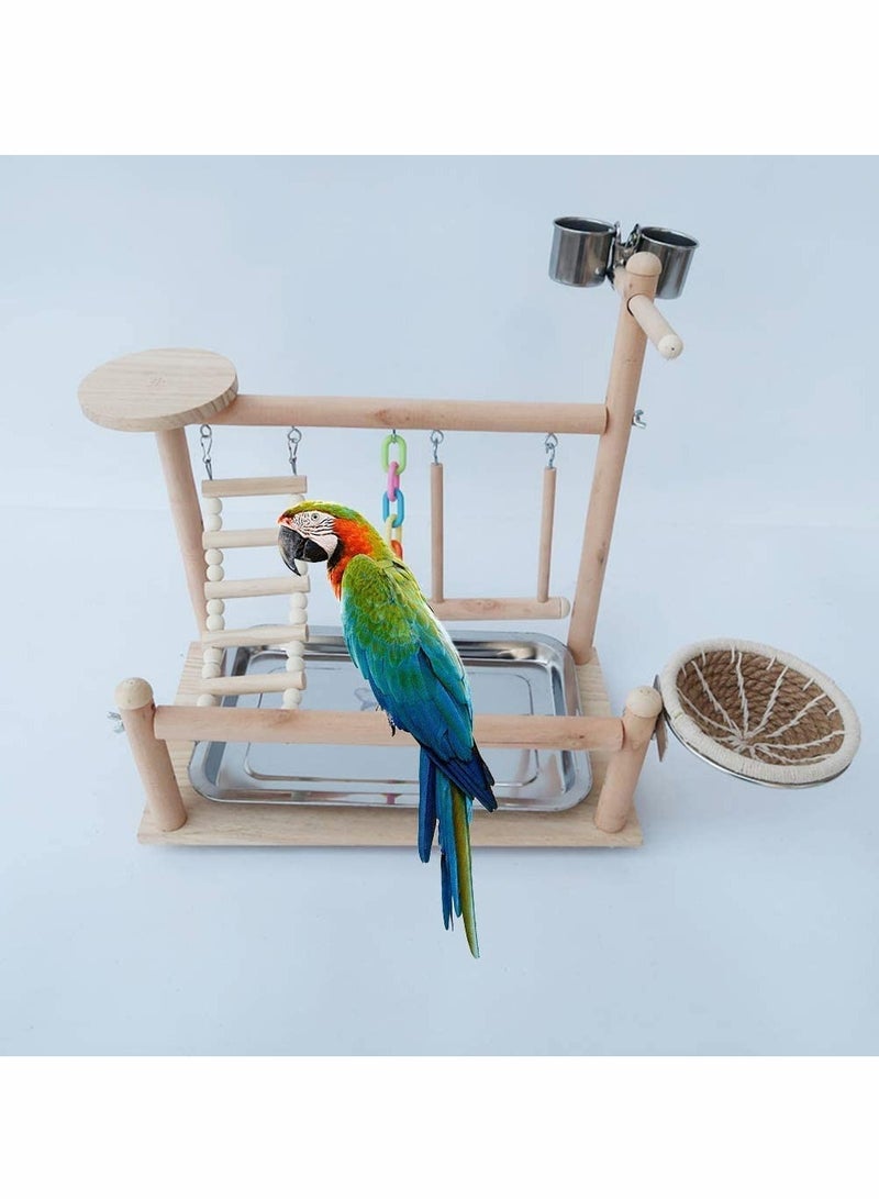 Wooden Bird Playground with Swings and Feeder Cups Ideal for Parrots Conures and Lovebirds Exercise Playstand Gym