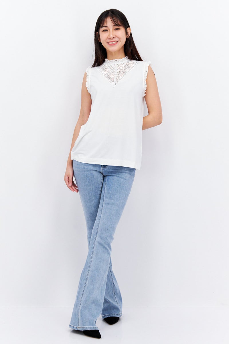 Women Ruffle Neck Sleeveless Solid Top, White