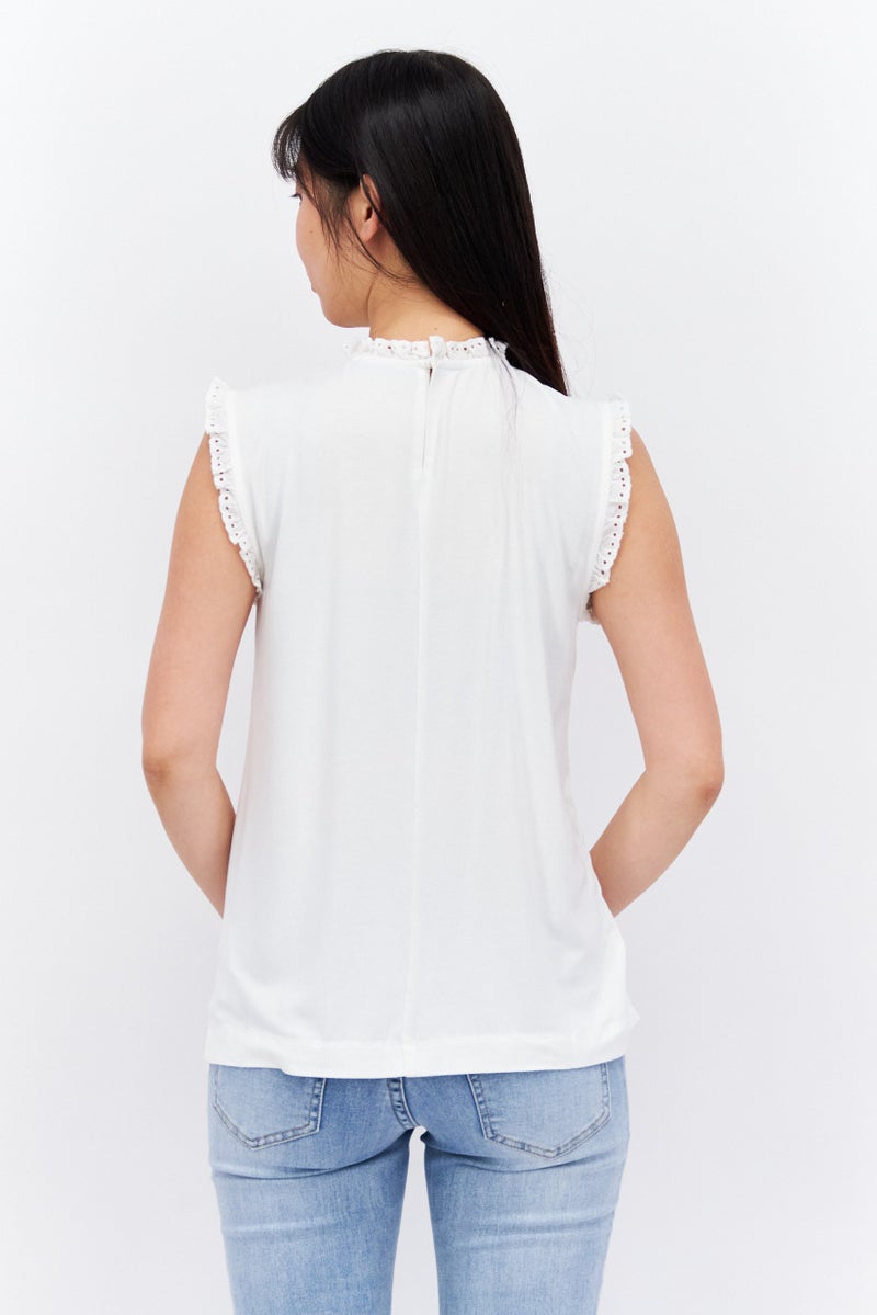Women Ruffle Neck Sleeveless Solid Top, White