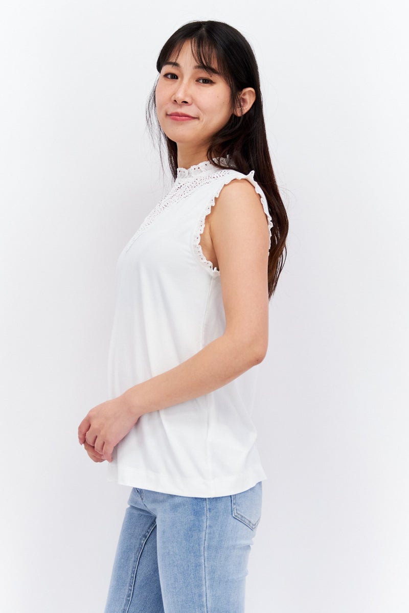 Women Ruffle Neck Sleeveless Solid Top, White