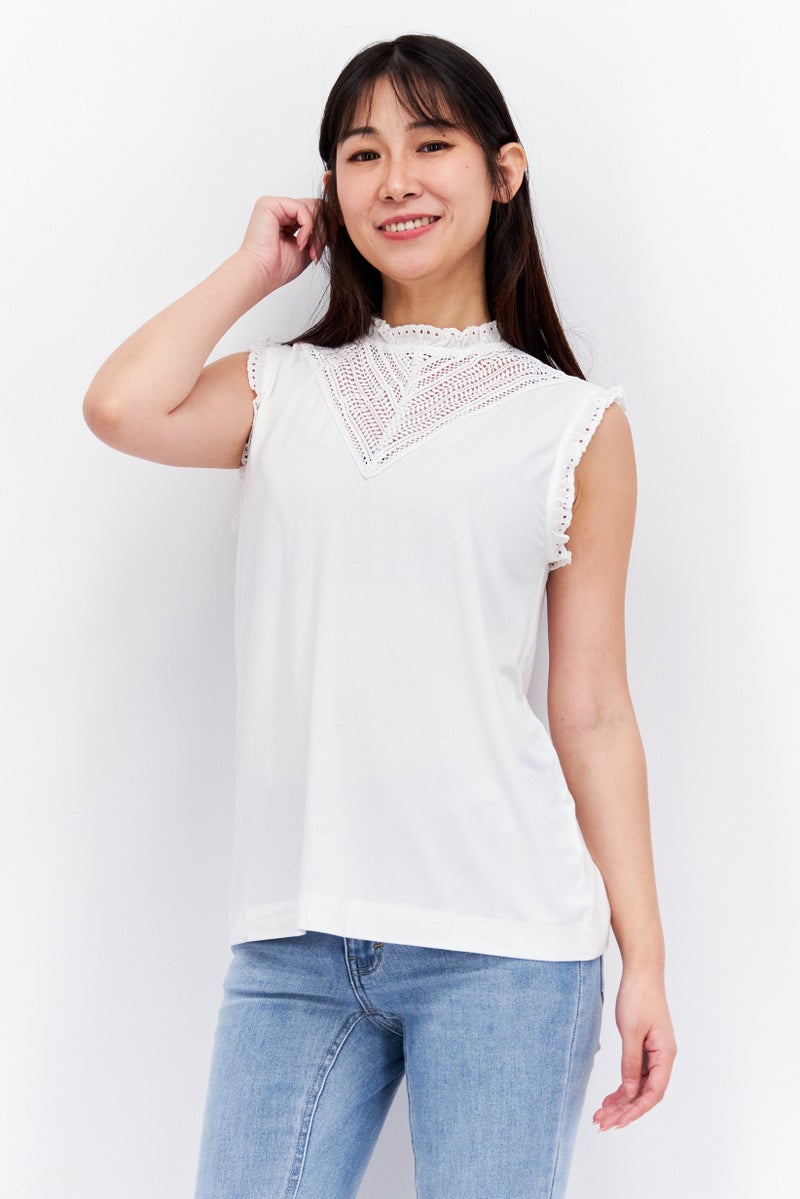 Women Ruffle Neck Sleeveless Solid Top, White