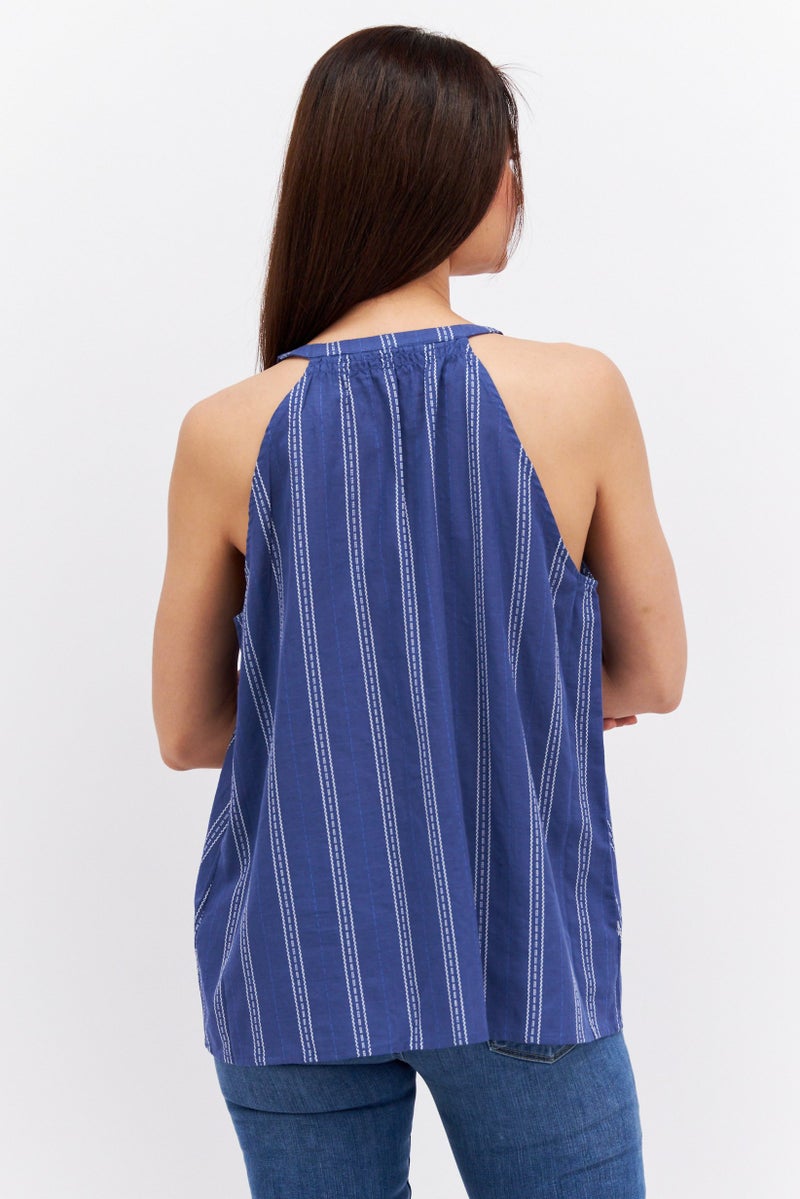 Women Split Neck Sleeveless Stripe Top, Blue