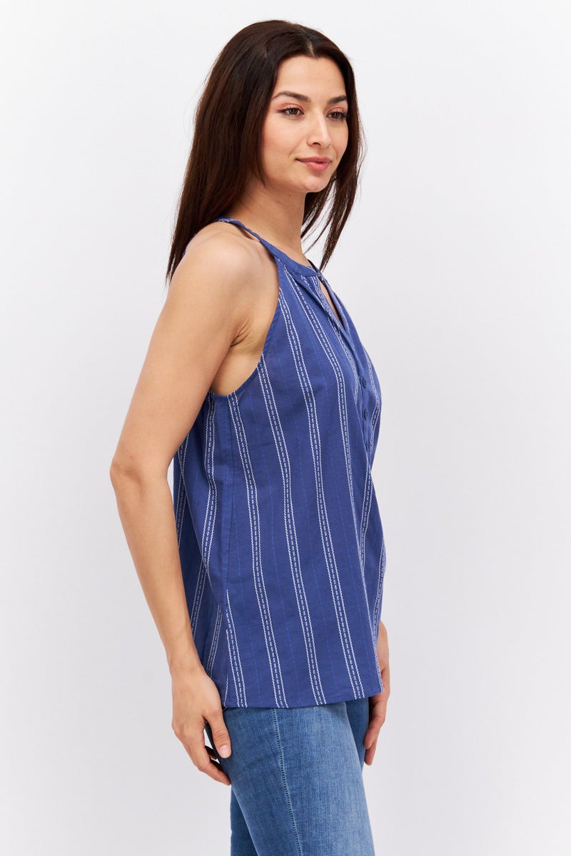 Women Split Neck Sleeveless Stripe Top, Blue