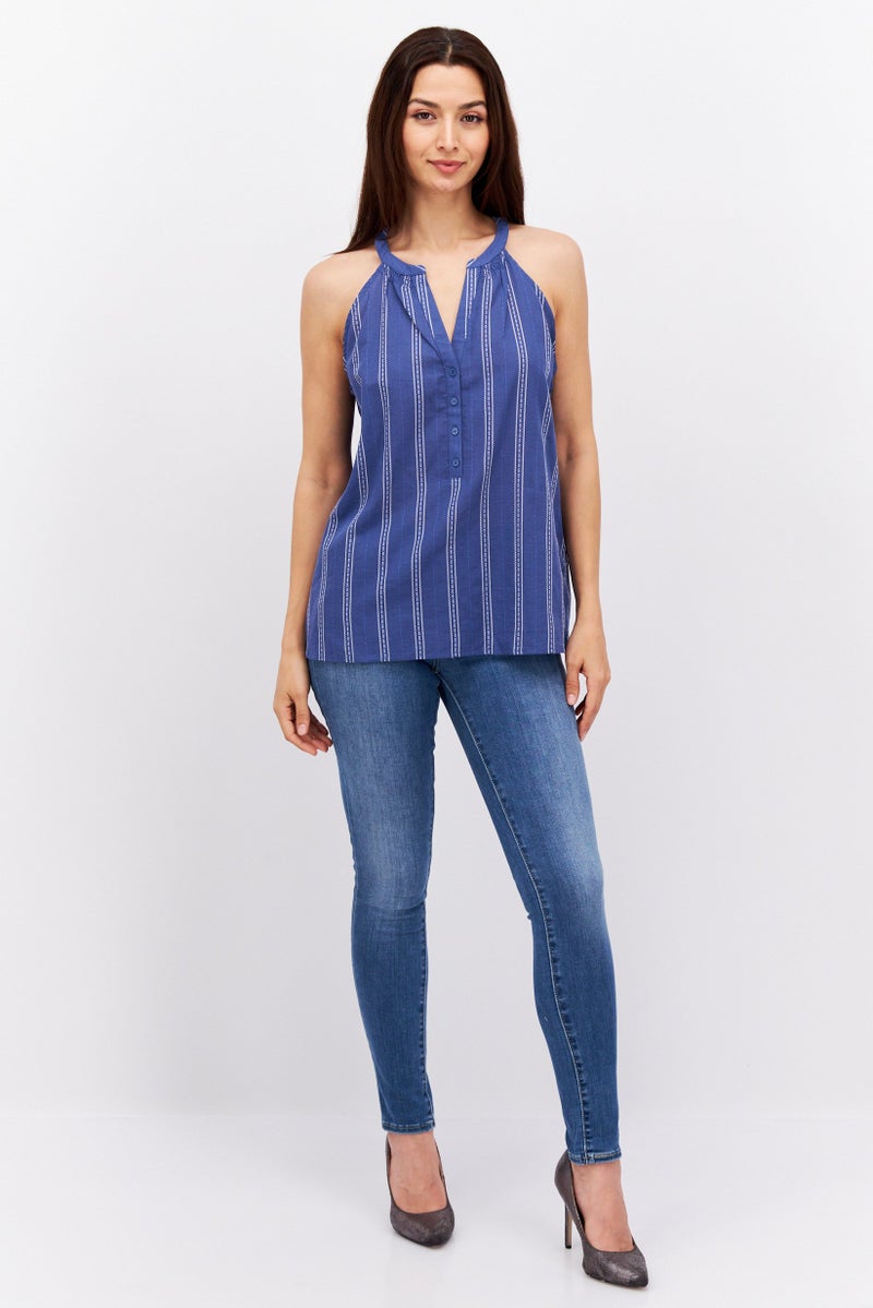 Women Split Neck Sleeveless Stripe Top, Blue