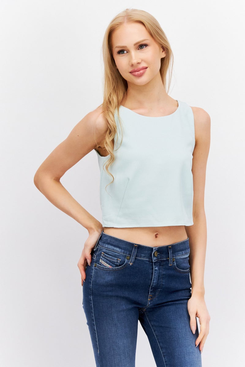 Women Round Neck Sleeveless Plain Top, Mint Green