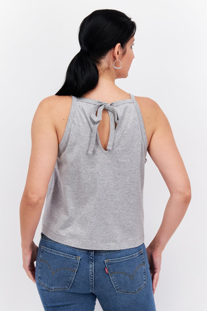 Women Tie Neck Sleeveless Plain Top, Grey