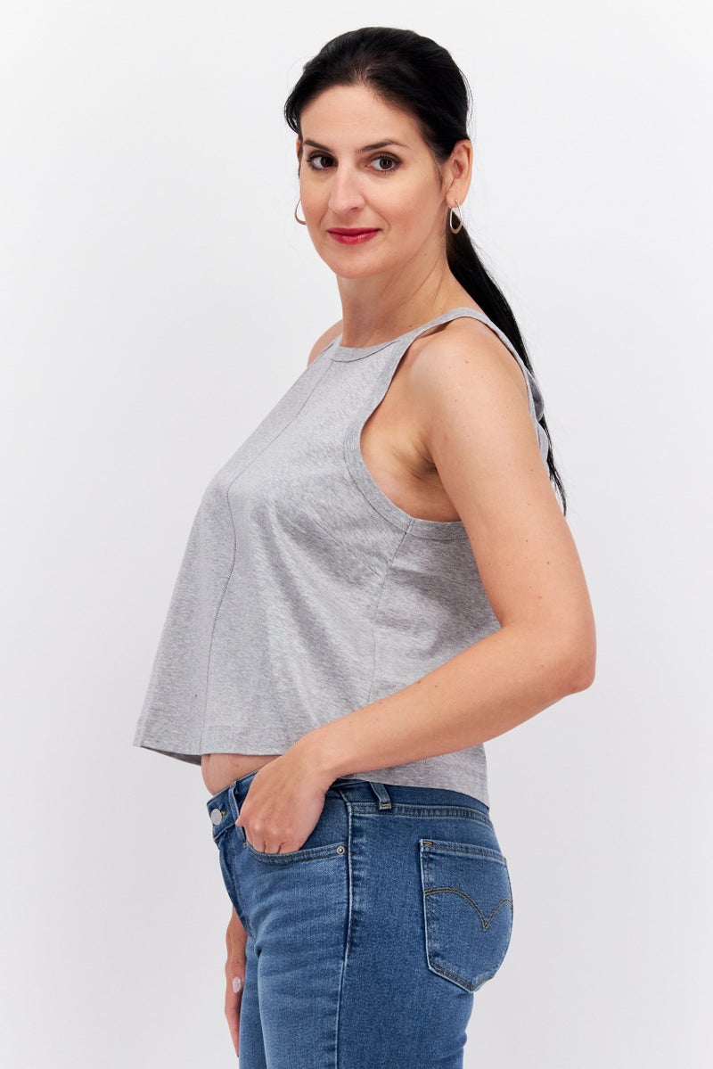 Women Tie Neck Sleeveless Plain Top, Grey