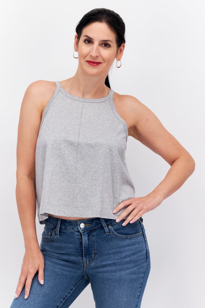 Women Tie Neck Sleeveless Plain Top, Grey