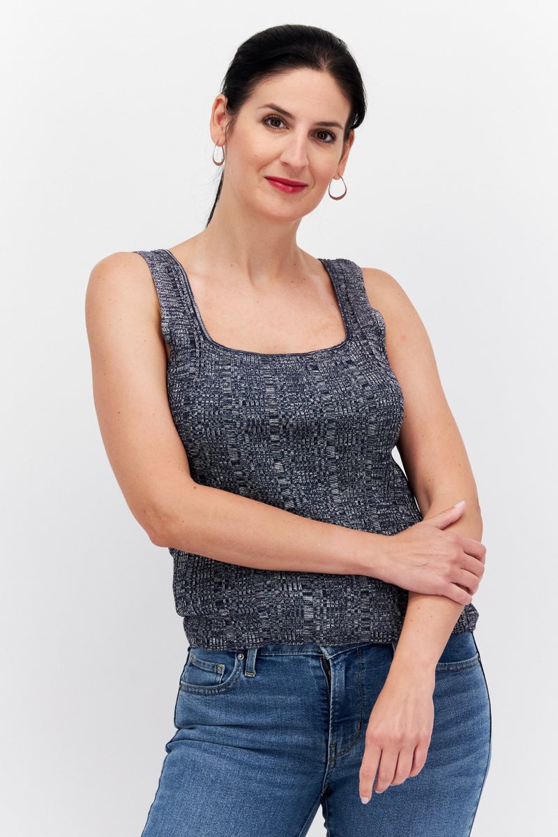 Women Square Neck Sleeveless Textured Tank Top, Navy
