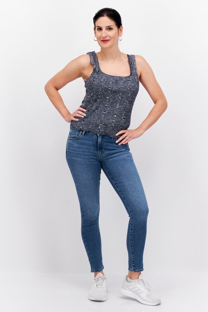 Women Square Neck Sleeveless Textured Tank Top, Navy