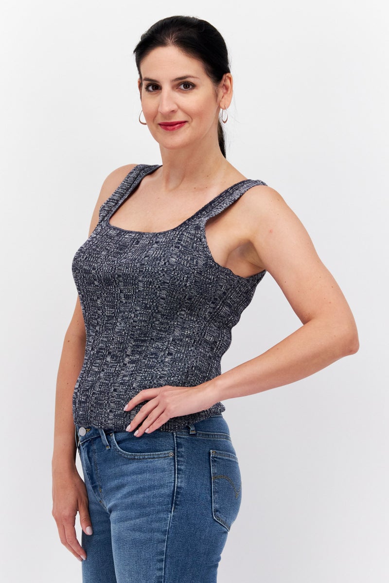 Women Square Neck Sleeveless Textured Tank Top, Navy