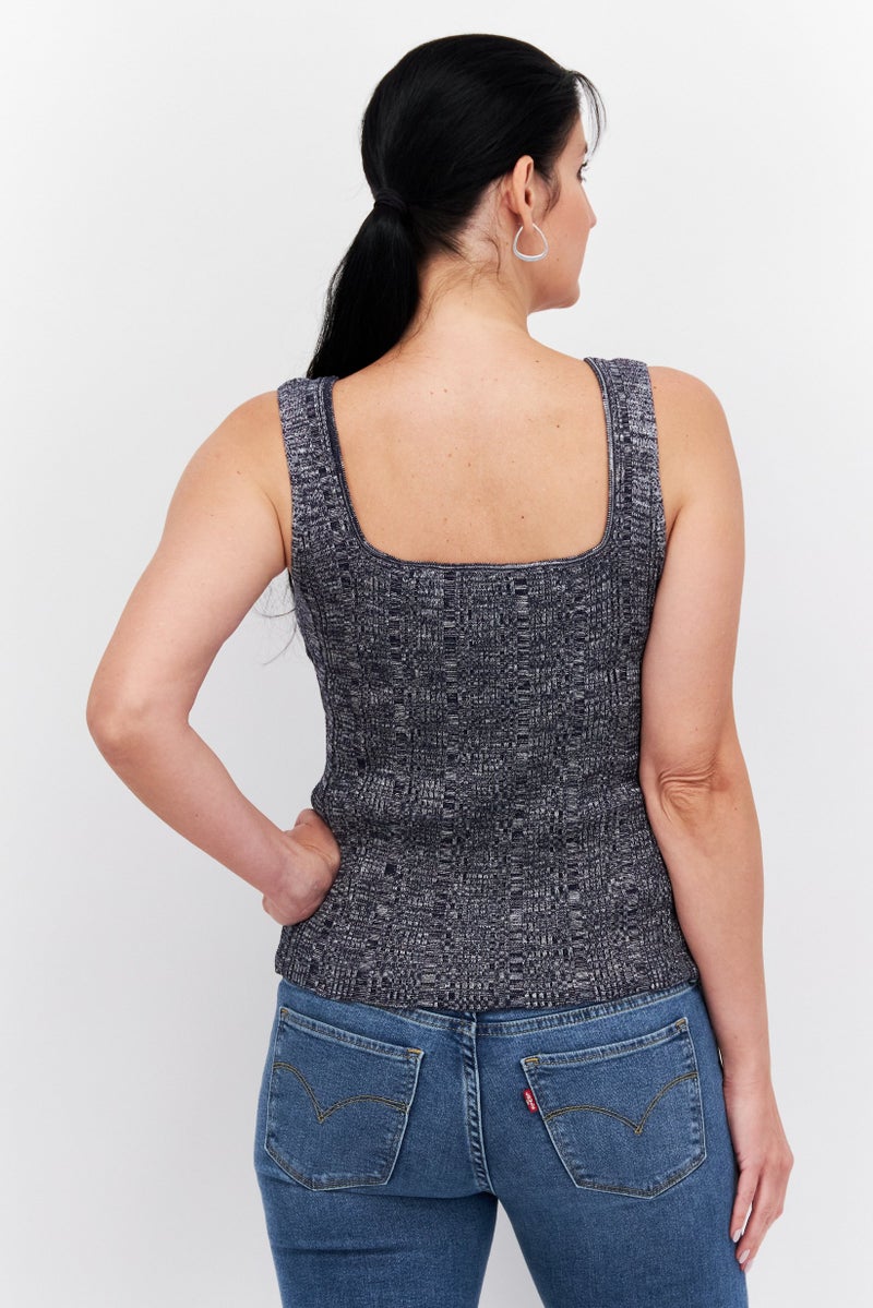 Women Square Neck Sleeveless Textured Tank Top, Navy