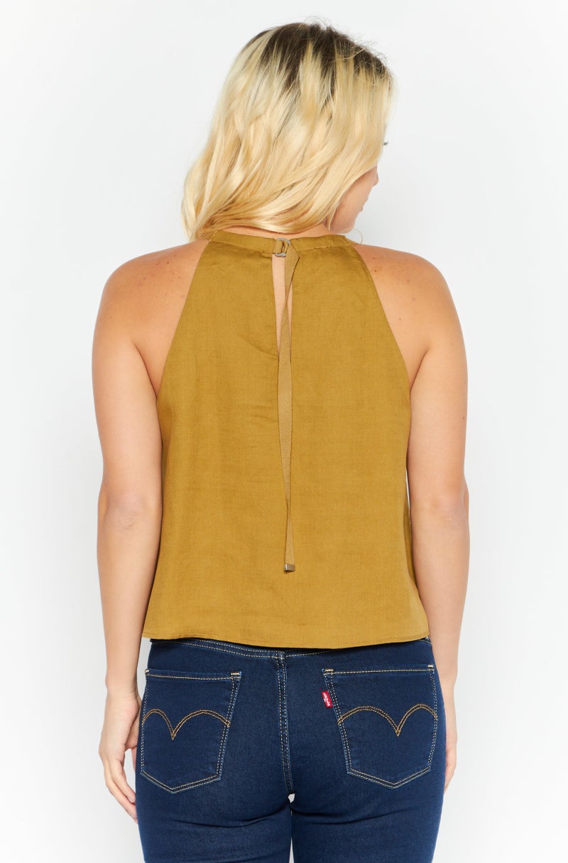 Women Crew Neck Sleeveless Solid Top, Olive