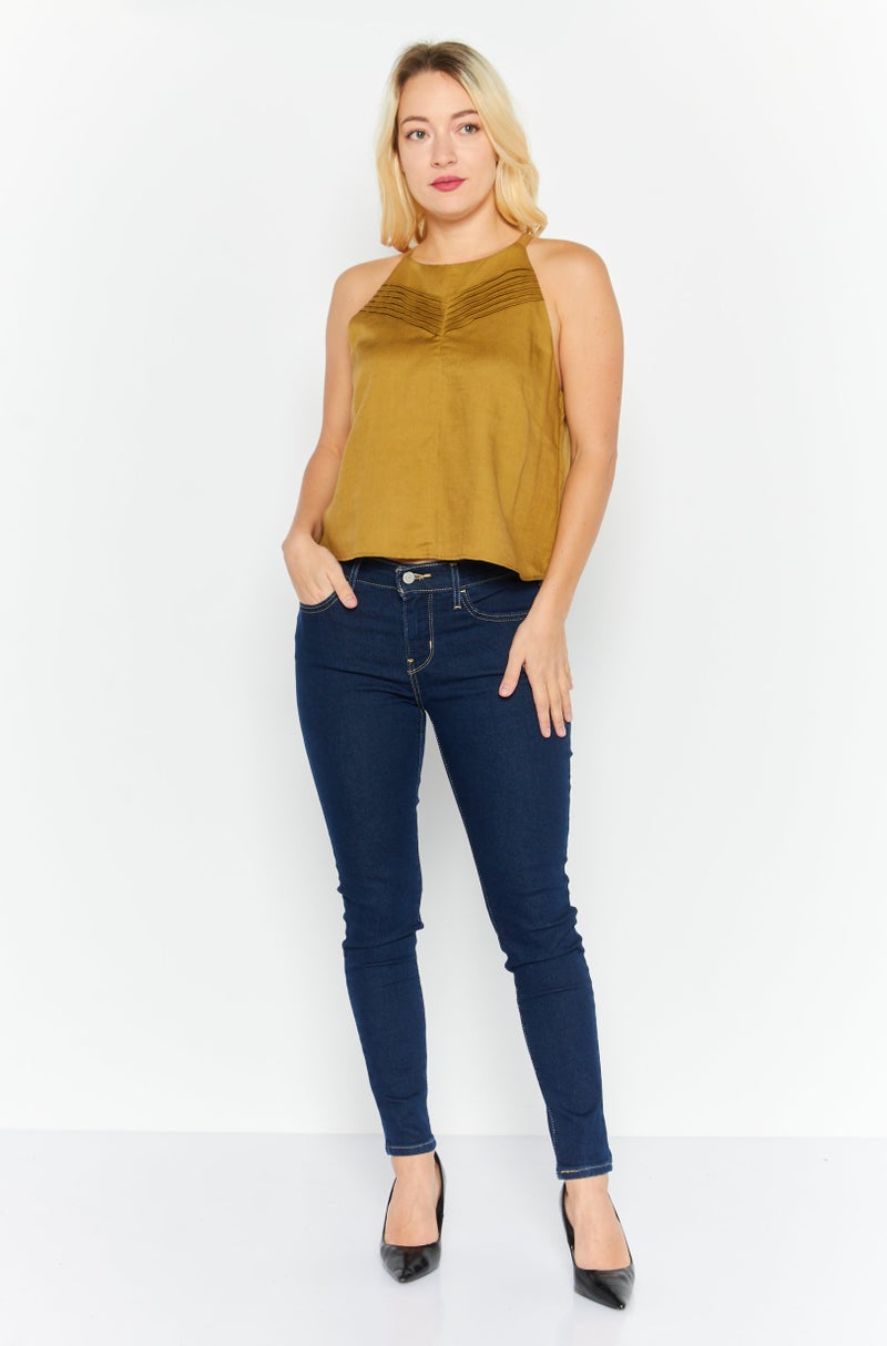Women Crew Neck Sleeveless Solid Top, Olive