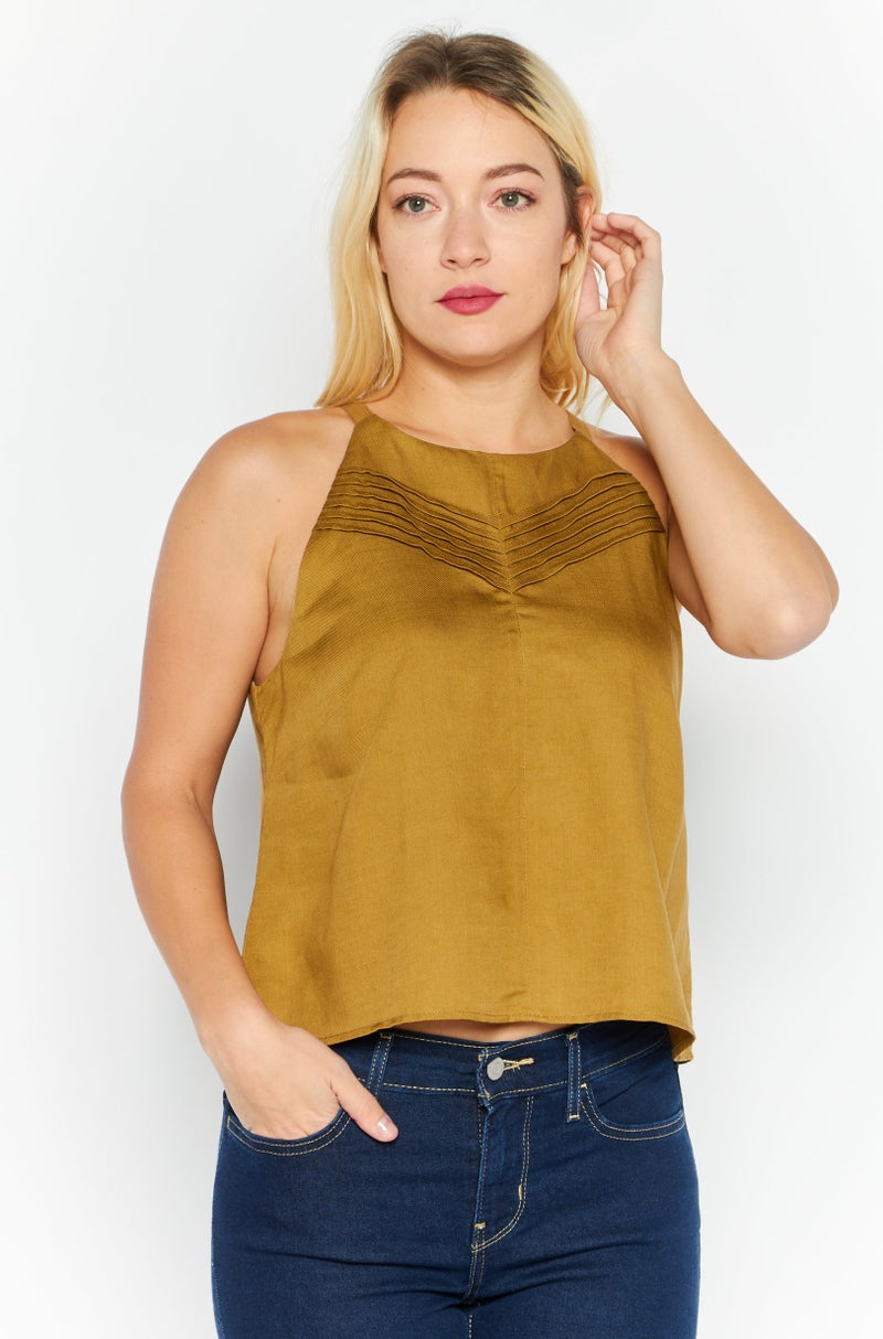 Women Crew Neck Sleeveless Solid Top, Olive