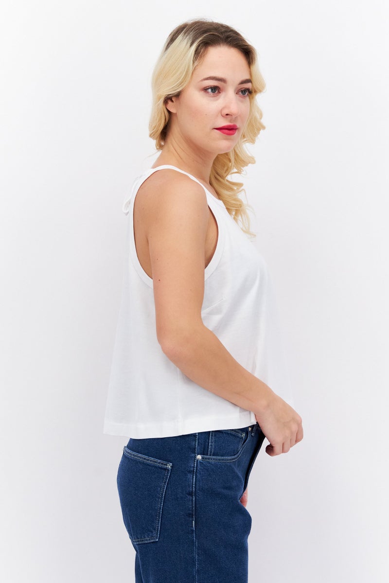 Women Round Neck Sleeveless Solid Tank Top, White