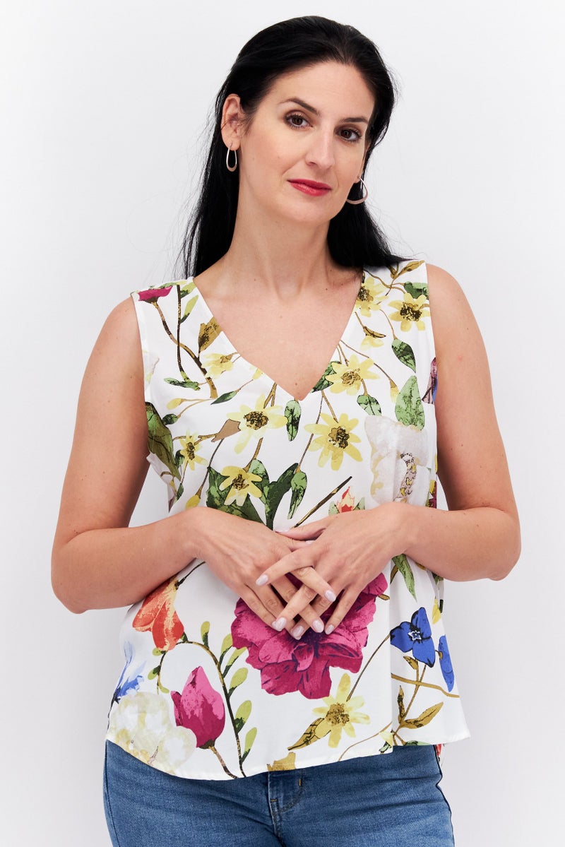 Women V Neck Sleeveless Floral Print Tank Top, White Combo