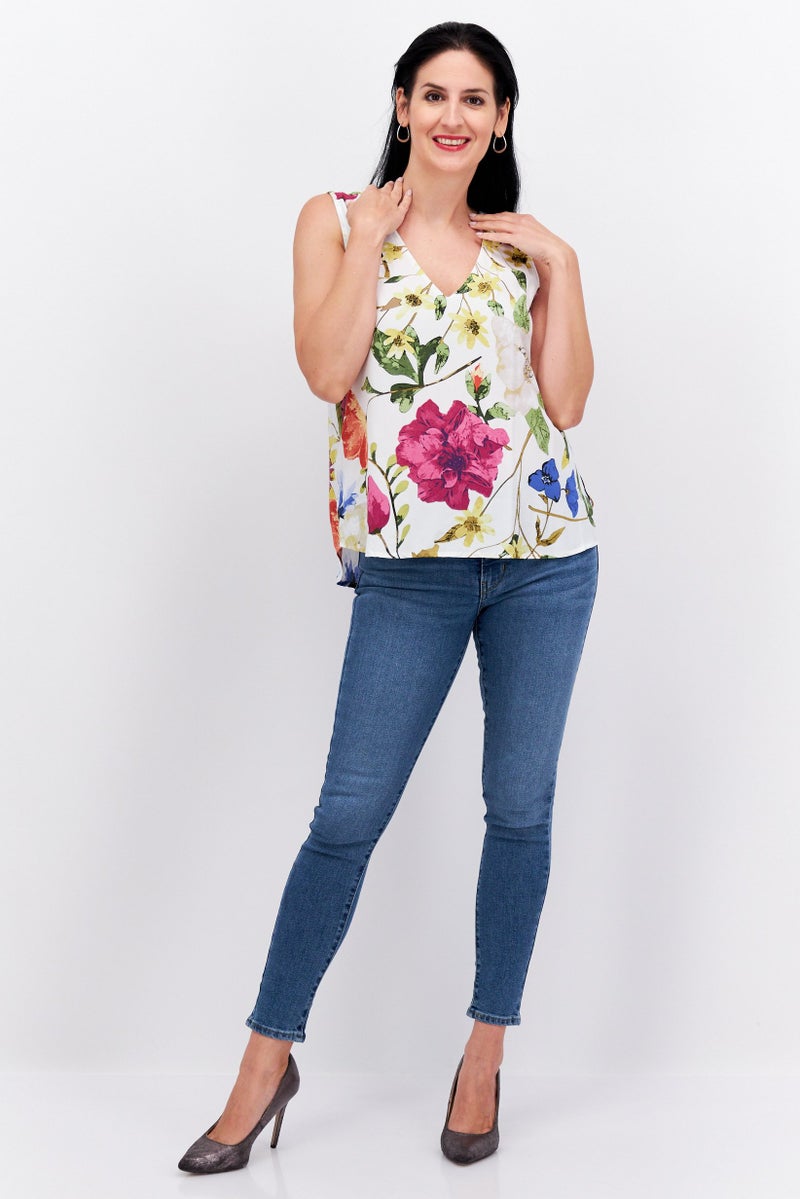 Women V Neck Sleeveless Floral Print Tank Top, White Combo
