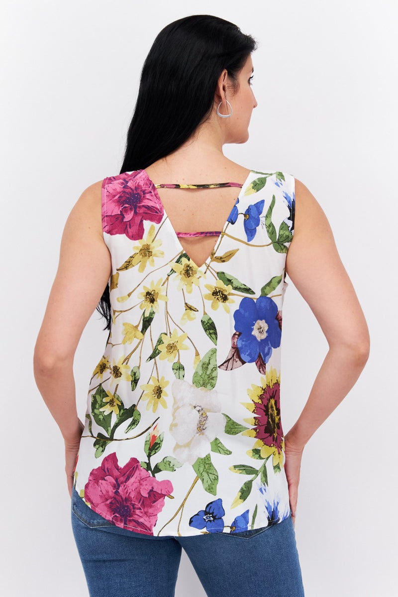 Women V Neck Sleeveless Floral Print Tank Top, White Combo