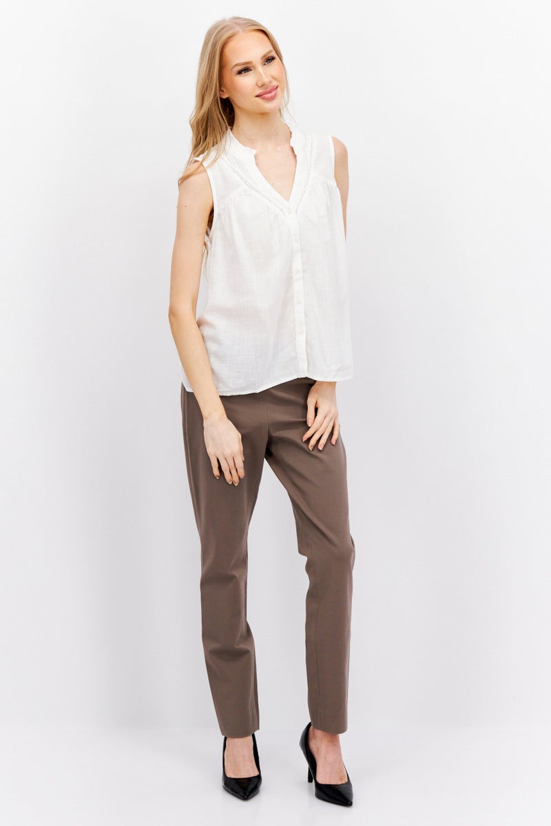 Women Split Neck Sleeveless Textured Top, White