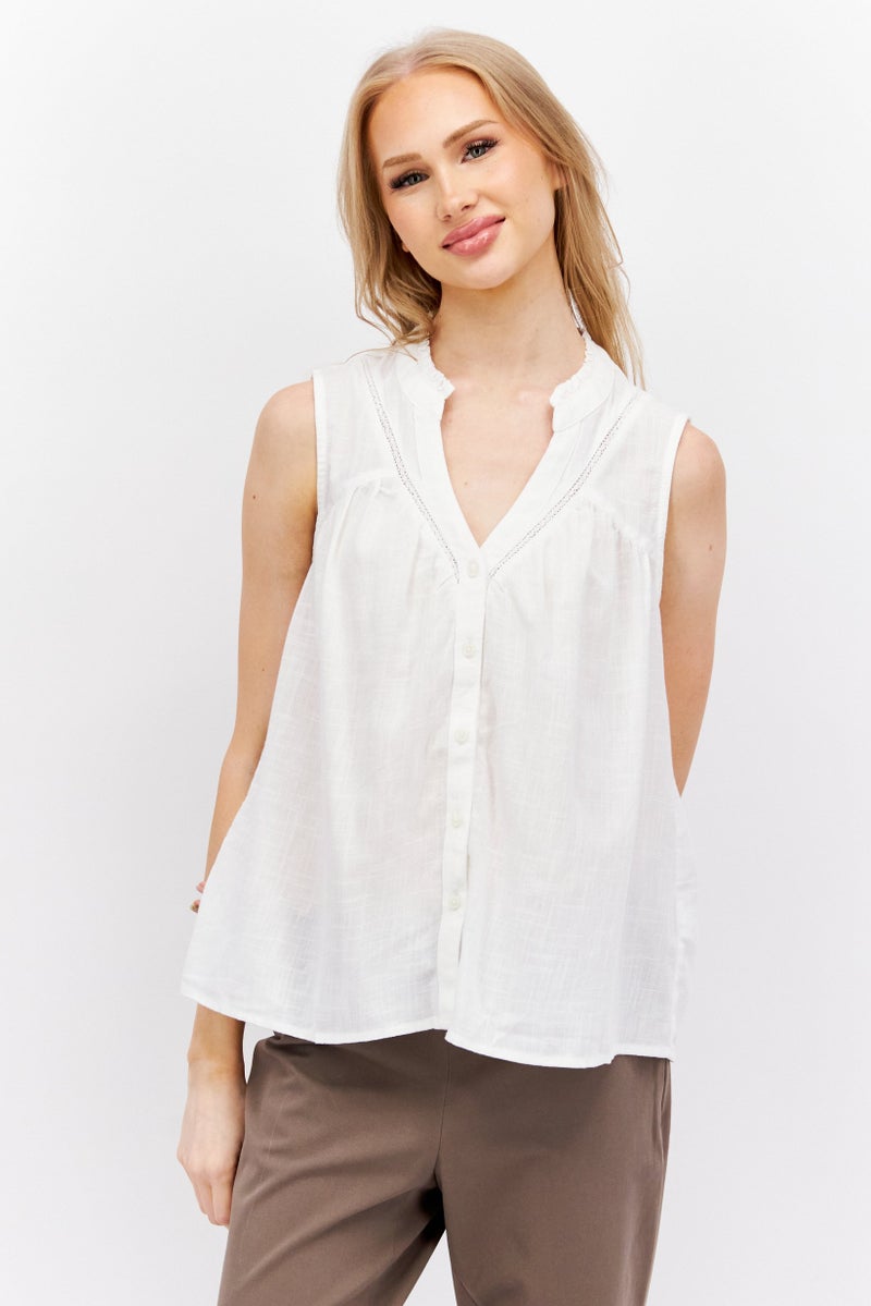 Women Split Neck Sleeveless Textured Top, White