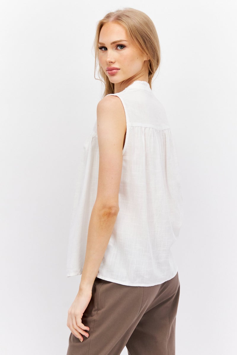 Women Split Neck Sleeveless Textured Top, White