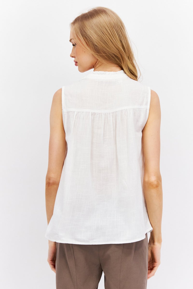 Women Split Neck Sleeveless Textured Top, White