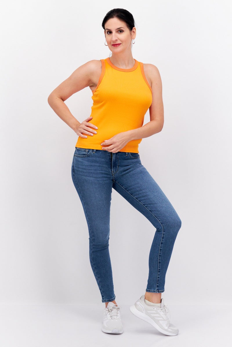 Women Round Neck Sleeveless Ribbed Top, Orange