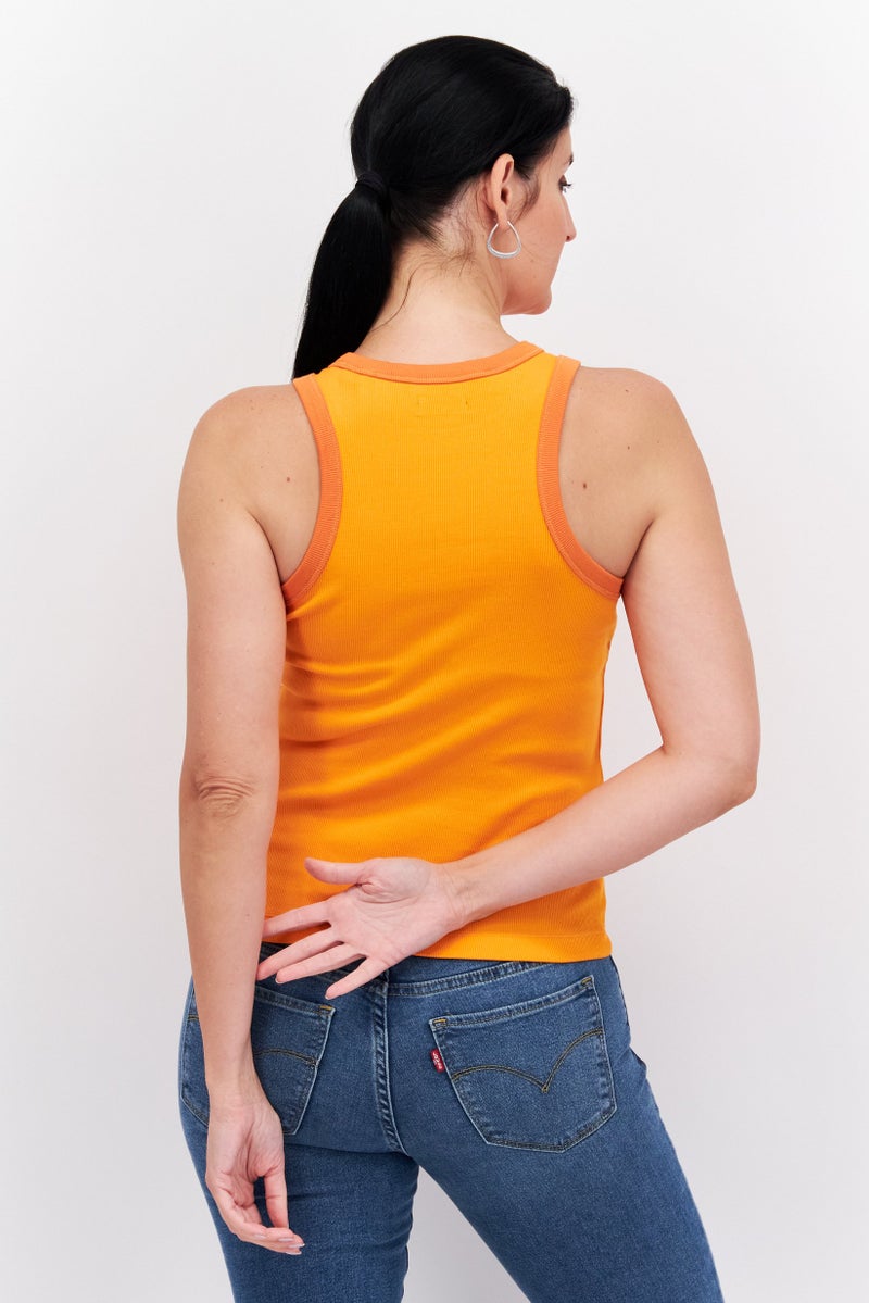 Women Round Neck Sleeveless Ribbed Top, Orange