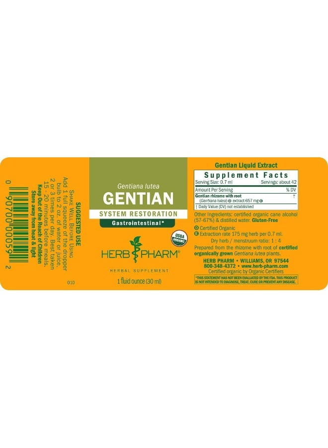 Certified Organic Gentian Liquid Extract For Digestive Support 1 Ounce