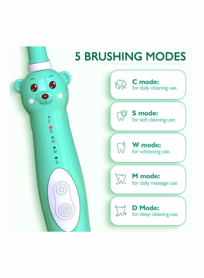 Kids Sonic Electric Toothbrush, Cute Bear Rechargeable Toothbrush for Children, Boys Girls Age 3-12 with 30s Reminder, 2 Min Timer, 5 Modes, 4 Brush Heads, Bear Toothbrush