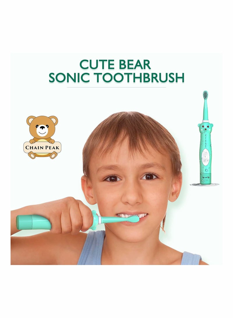 Kids Sonic Electric Toothbrush, Cute Bear Rechargeable Toothbrush for Children, Boys Girls Age 3-12 with 30s Reminder, 2 Min Timer, 5 Modes, 4 Brush Heads, Bear Toothbrush