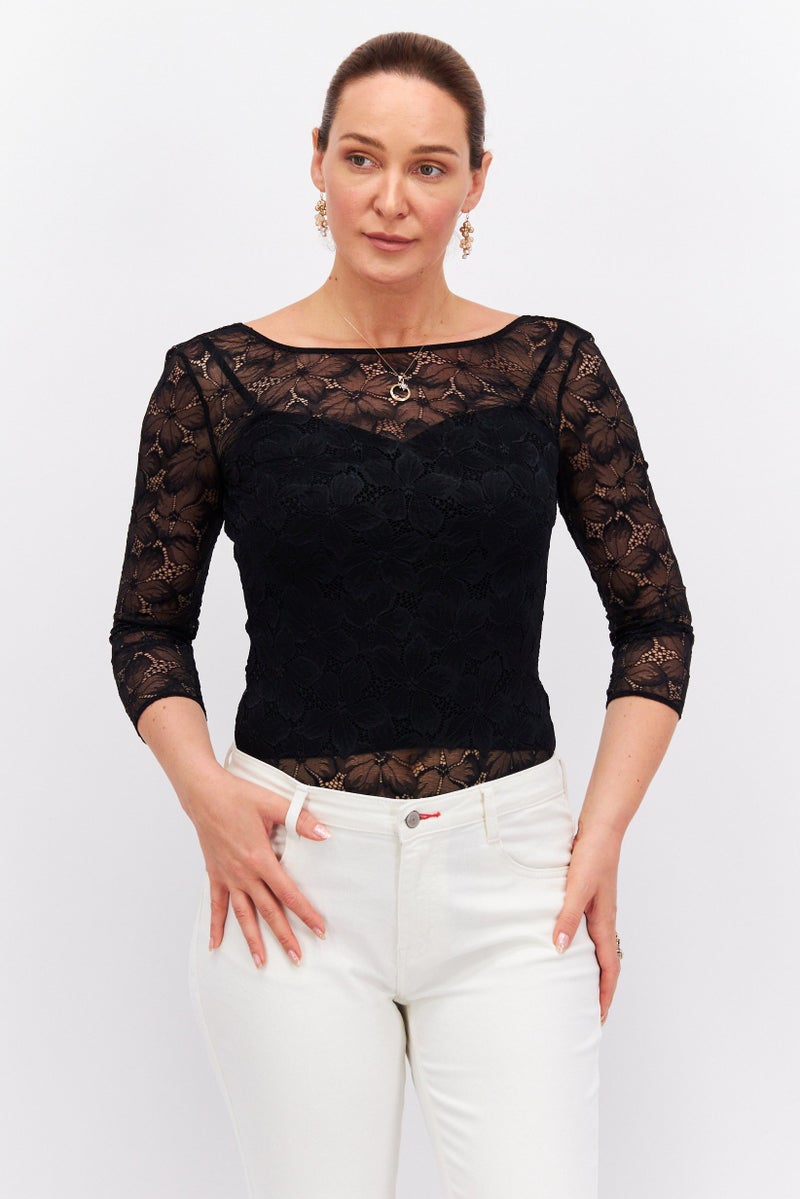 Women Lace 3/4 Sleeve Bodysuit, Black