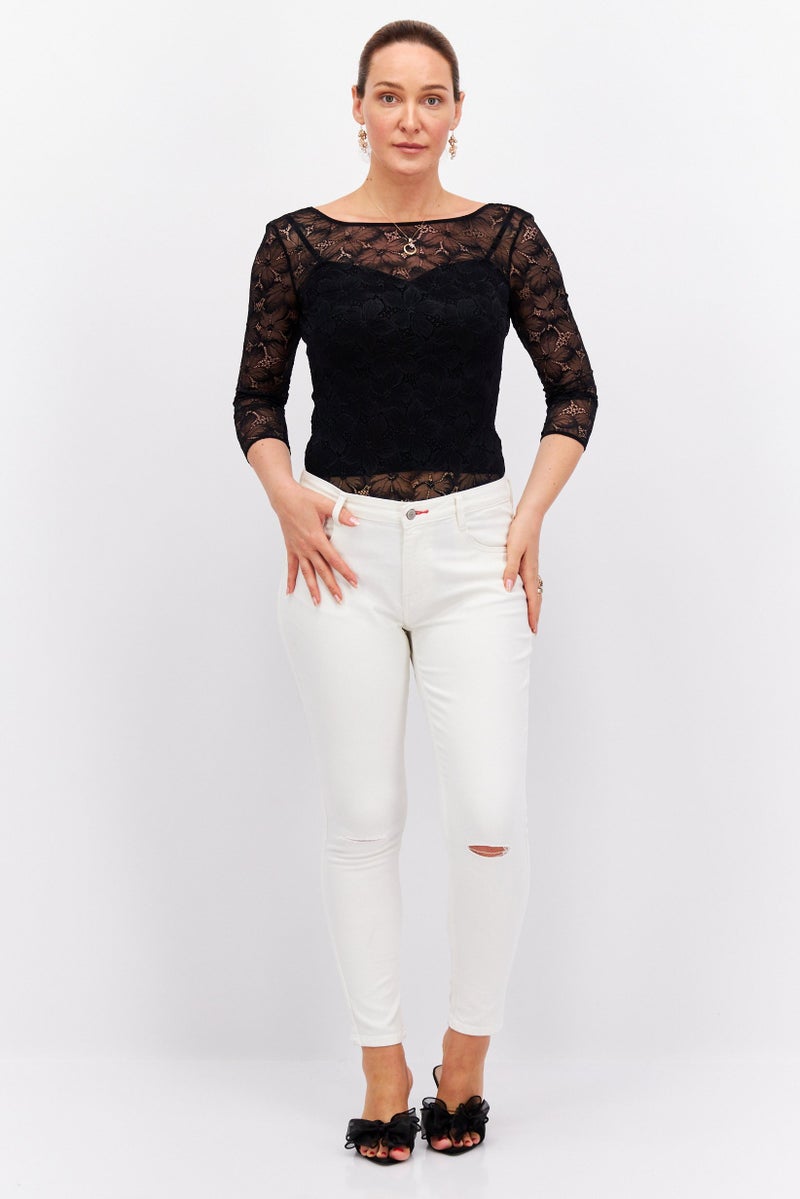 Women Lace 3/4 Sleeve Bodysuit, Black