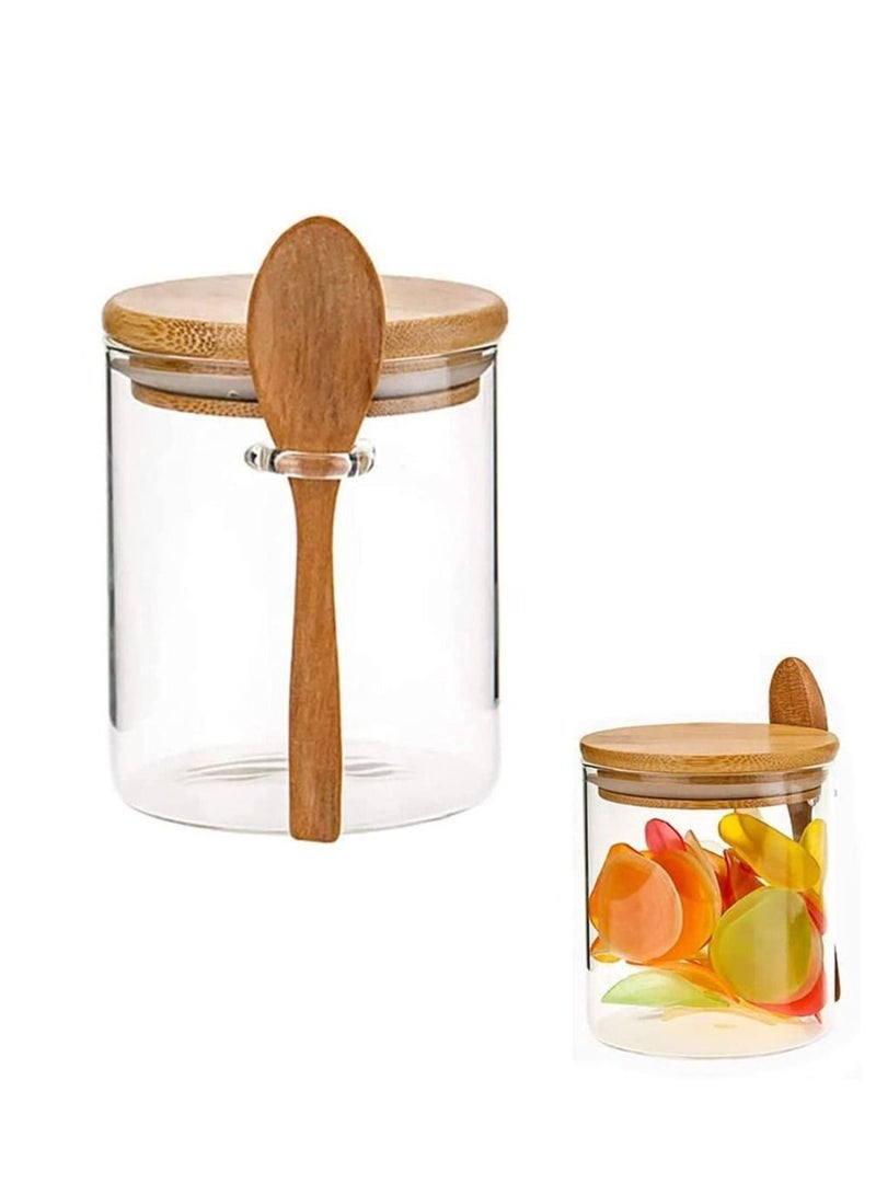 1 Clear Glass Storage Jar with Wooden Spoon, 420ML Airtight Lid Sealed Small Glass Container Jar for Bath Salt Holder, Sugar, Spices, Coffee, Matcha, Condiments, Pepper