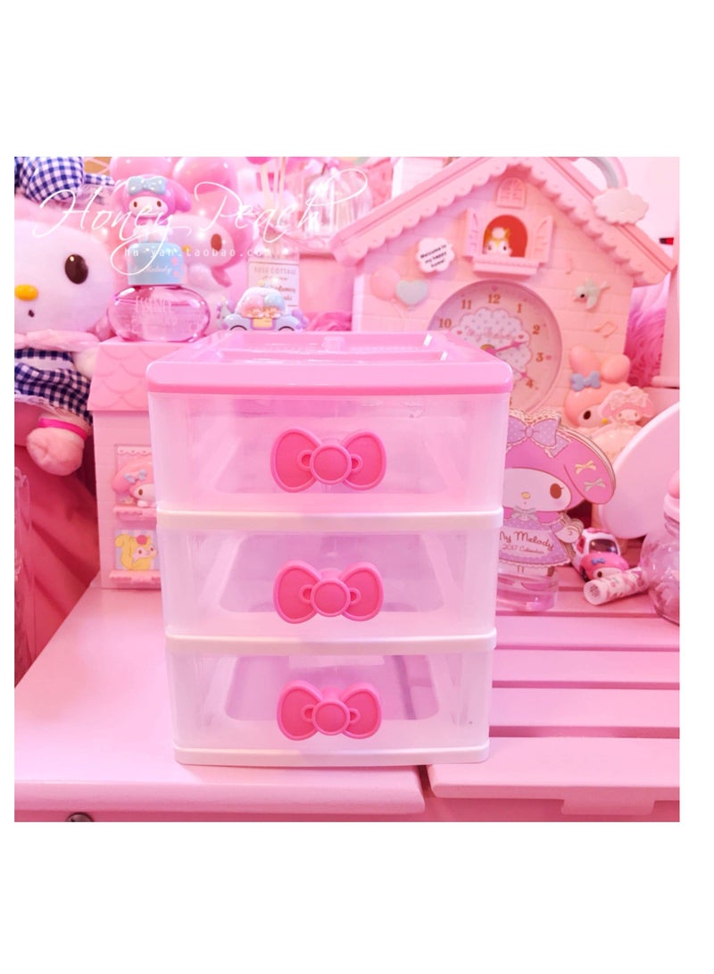 Lovely Girls Receiving Storage Cabinets Box Room Desktop Makeup Organizer With Three-tier Desk Receiving Drawers N Pink Bowknot