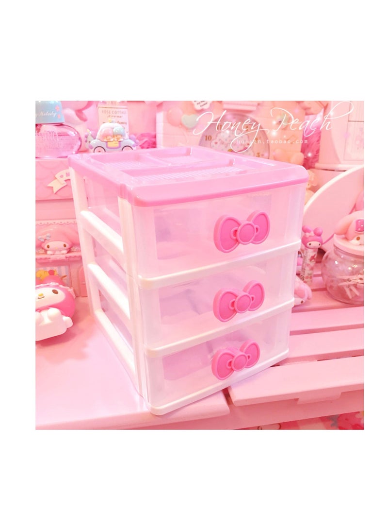 Lovely Girls Receiving Storage Cabinets Box Room Desktop Makeup Organizer With Three-tier Desk Receiving Drawers N Pink Bowknot