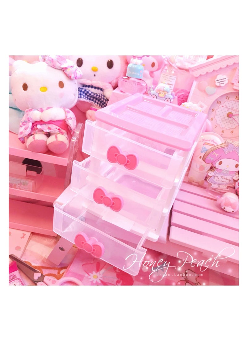 Lovely Girls Receiving Storage Cabinets Box Room Desktop Makeup Organizer With Three-tier Desk Receiving Drawers N Pink Bowknot